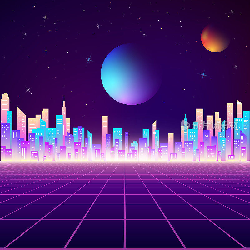 Retro city landscape in neon colors. Cyberpunk futuristic town. Sci-fi background abstract digital architecture. Vector illustration